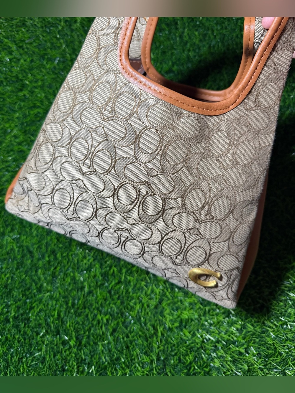 Mini Coach Tote in Tan with Brown Trim